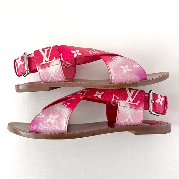 LOUIS VUITTON || Escale Palma Red Pink Ombré LV Monogram Logo Sandals EU 37.5 - Picture 10 of 13